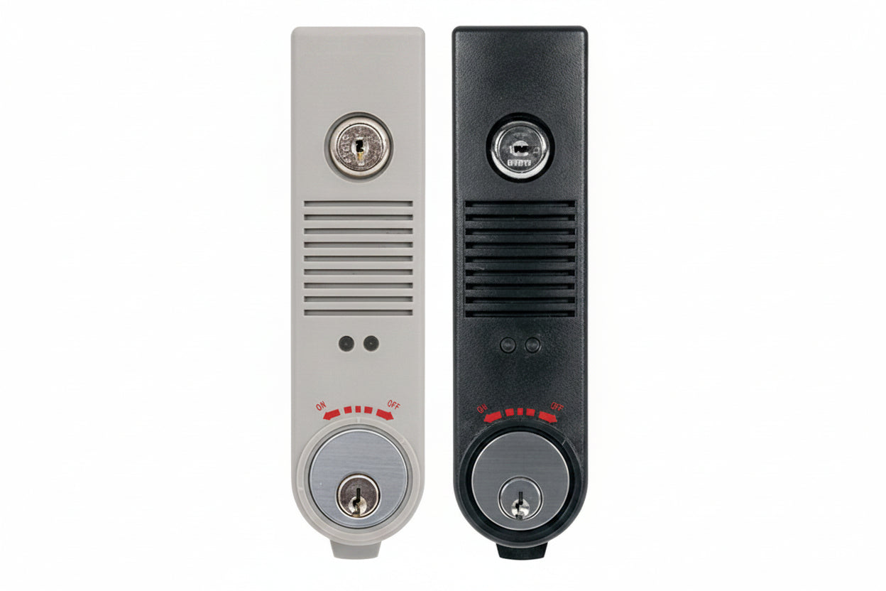 Detex EAX-500SKMC65 Battery Powered Exit Door Alarm with Cylinder Installed, Prepped for Wall Mounting, Includes Surface Magnetic Door Dontacts