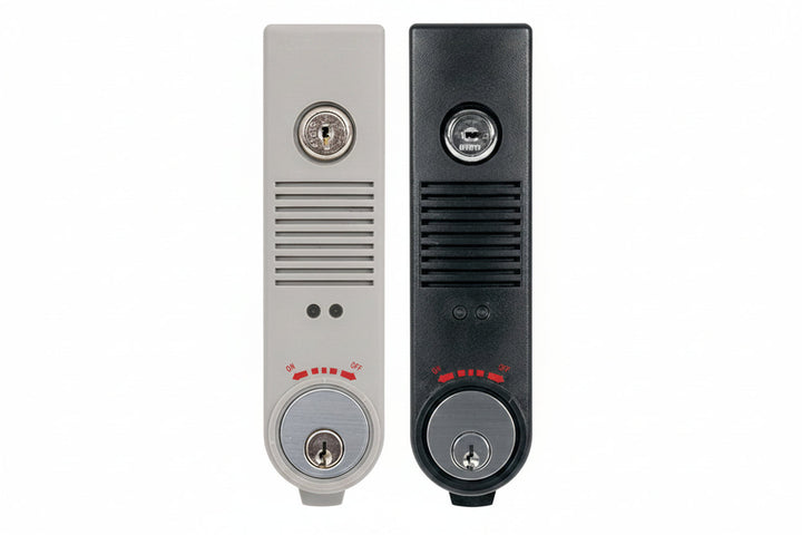 Detex EAX-500SKMC65 Battery Powered Exit Door Alarm with Cylinder Installed, Prepped for Wall Mounting, Includes Surface Magnetic Door Dontacts