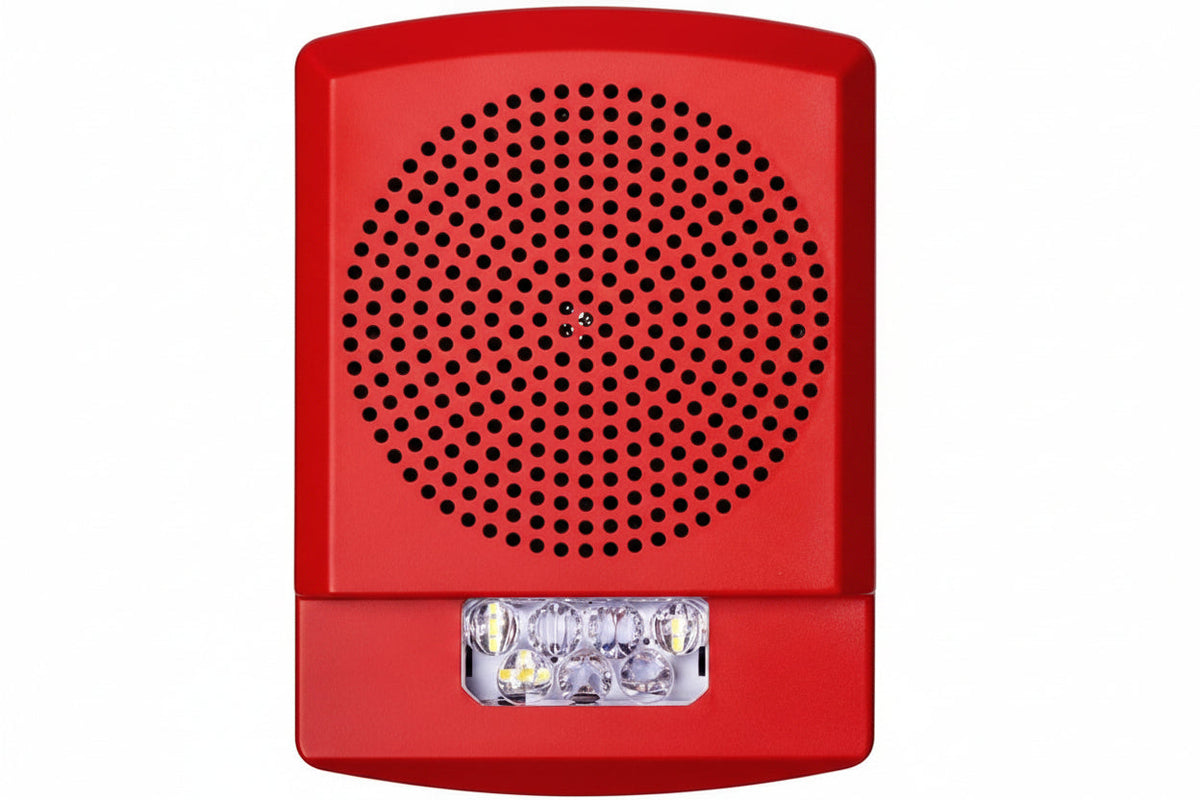 Eaton ELSPSTR Wheelock Eluxa LED High Fidelity Speaker Strobe, Wall, FIRE Lettering, Clear Lens, 24VDC, 15/30/75/110/135/185 cd, Red
