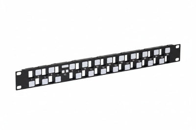 ICC, IC107BE241, 24-Port Patch Panel, Blank Keystone Patch Panel, 1U Rackmount Patch Panel, 19-Inch Rack Mount, Staggered Port Patch Panel, ANEXT Reduction, Metal Patch Panel Housing, Network Patch Panel, Structured Cabling, Data Center Rack Accessory