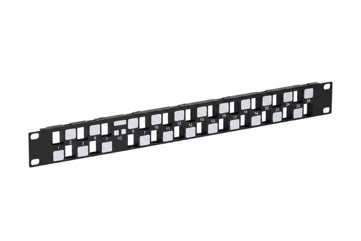 ICC, IC107BE241, 24-Port Patch Panel, Blank Keystone Patch Panel, 1U Rackmount Patch Panel, 19-Inch Rack Mount, Staggered Port Patch Panel, ANEXT Reduction, Metal Patch Panel Housing, Network Patch Panel, Structured Cabling, Data Center Rack Accessory
