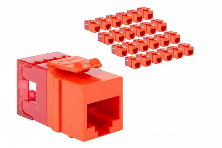 ICC IC107F6COR CAT6 Keystone Jack with Slim Profile 180 Degree Punch Down, RJ45 UL Listed PoE++ TAA Compliant for Wall Plate or Patch Panel, Works with JackEasy Termination Tool, 25-Pack, Orange