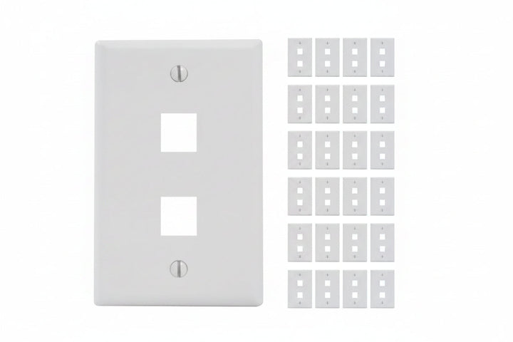 ICC IC107F2CWH 2-Port Keystone Wall Plate (25-Piece) and Single Gang Wall Plate for RJ45 Modular Jack / Inserts, UL Listed, Durable ABS Plastic, White