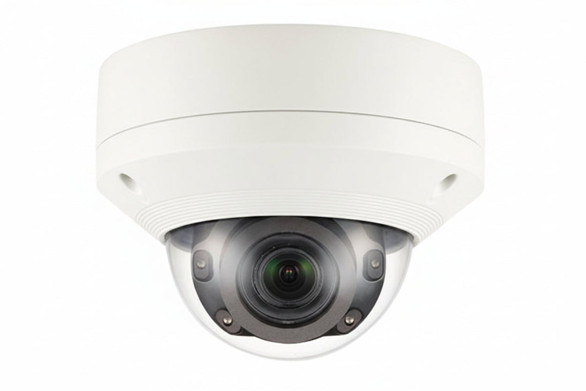 Hanwha XNV-8080R X-Series 5MP IR Outdoor Vandal Dome Camera, 3.9-9.4mm Varifocal Lens, Ivory