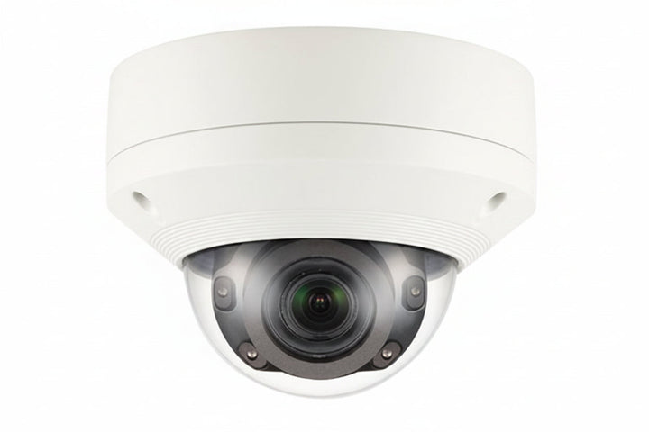 Hanwha XNV-8080R X-Series 5MP IR Outdoor Vandal Dome Camera, 3.9-9.4mm Varifocal Lens, Ivory