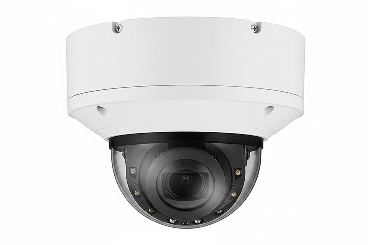Hanwha XNV-9083R Series 8MP Outdoor IR Vandal Dome IP Camera, 4.4-9.3mm Motorized Varifocal Lens, White