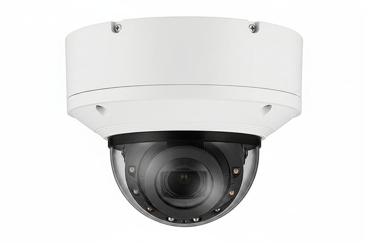 Hanwha XNV-9083R Series 8MP Outdoor IR Vandal Dome IP Camera, 4.4-9.3mm Motorized Varifocal Lens, White