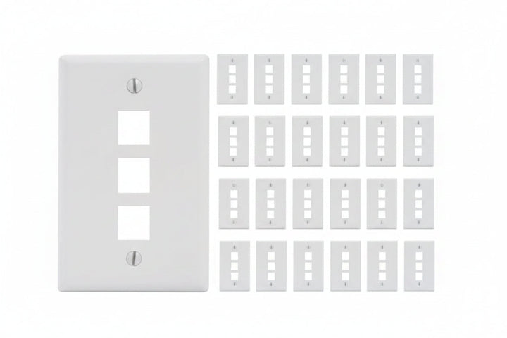 ICC IC107F3CWH 3-Port Keystone Wall Plate (25-Pack), UL Listed, Durable ABS Plastic, Single Gang Wall Plate for RJ45 Modular Jack and Inserts, White