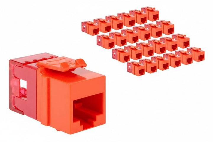 ICC IC107F6COR CAT6 Keystone Jack with Slim Profile 180 Degree Punch Down, RJ45 UL Listed PoE++ TAA Compliant for Wall Plate or Patch Panel, Works with JackEasy Termination Tool, 25-Pack, Orange