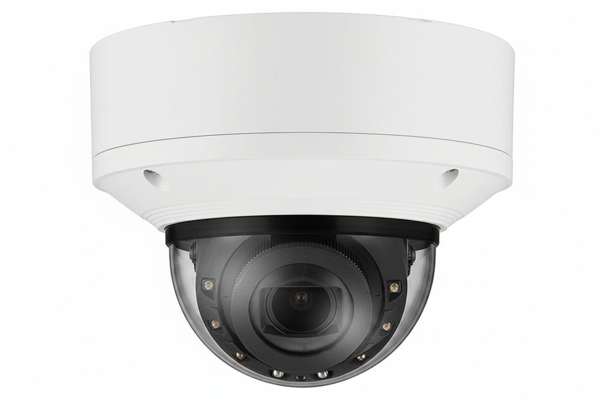 Hanwha XNV-9083R Series 8MP Outdoor IR Vandal Dome IP Camera, 4.4-9.3mm Motorized Varifocal Lens, White