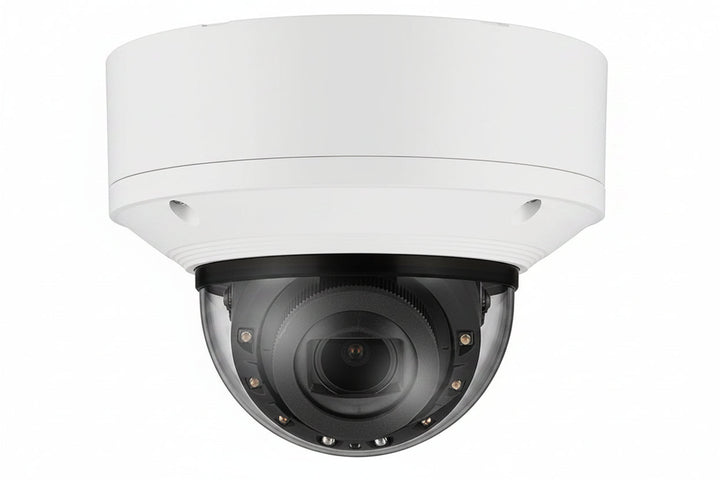 Hanwha XNV-9083R Series 8MP Outdoor IR Vandal Dome IP Camera, 4.4-9.3mm Motorized Varifocal Lens, White