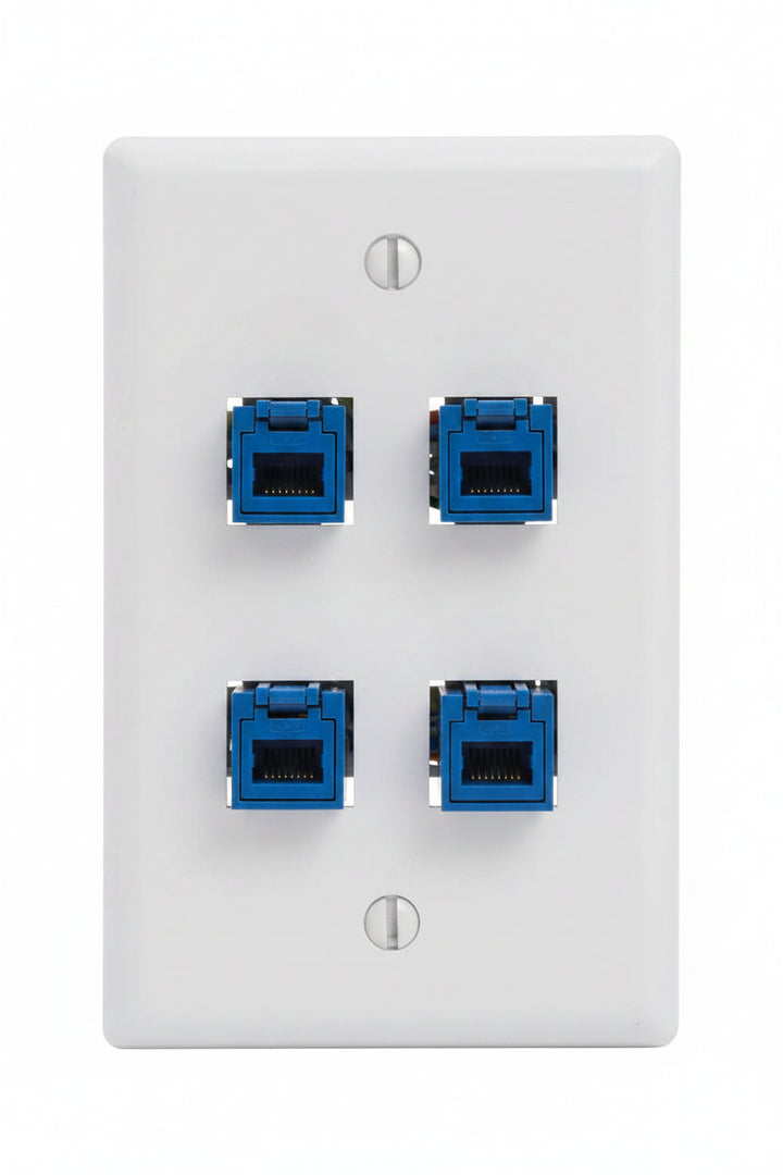 ICC IC107F04WH 4-Port Keystone Wall Plate, Single Gang Wall Plate for RJ45 Modular Jack and Inserts, Durable ABS Plastic, UL Listed, 1-Pack, White