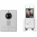Wireless video doorbell system with a camera and remote control on a white background