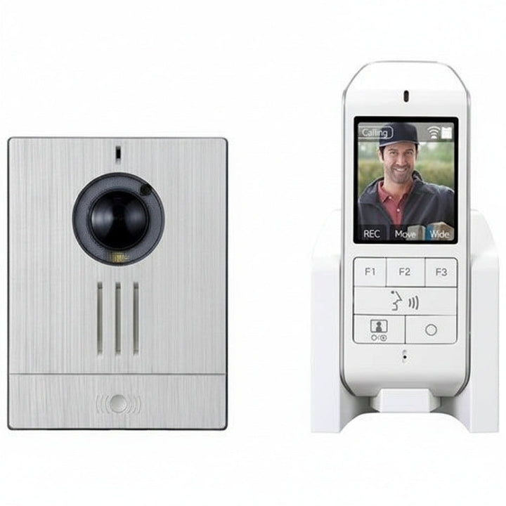 Wireless video doorbell system with a camera and remote control on a white background