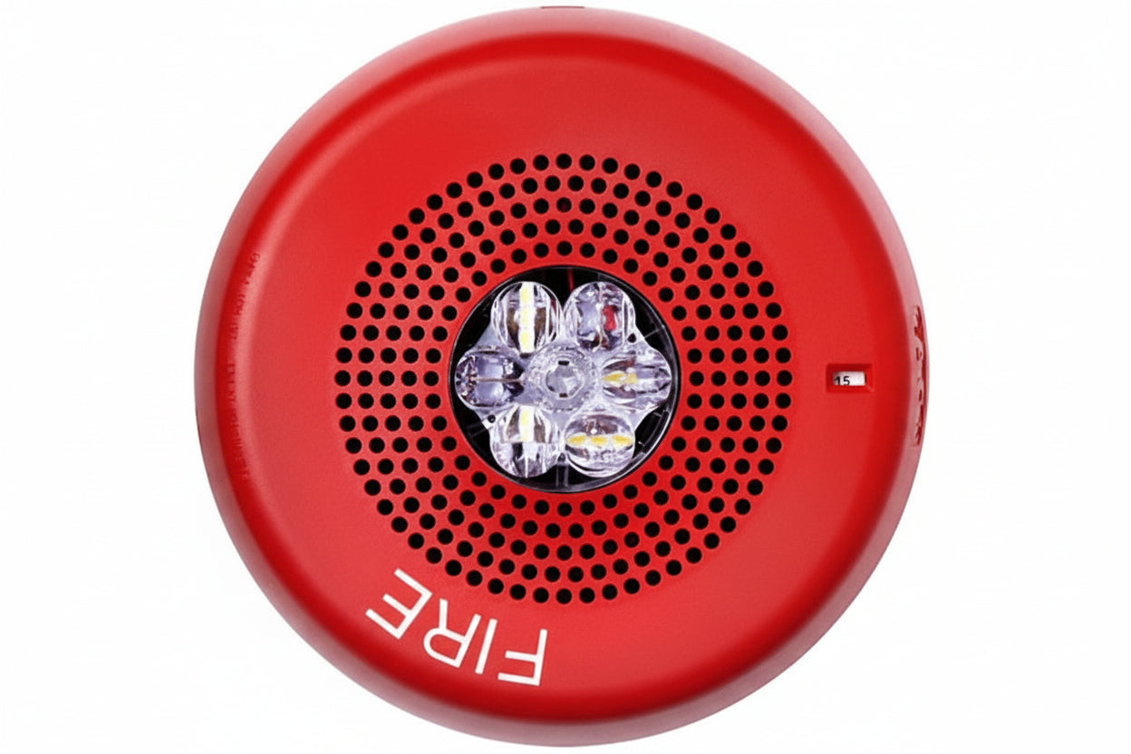Eaton ELSPSTRC Wheelock Eluxa LED High Fidelity Speaker Strobe, Ceiling, FIRE Lettering, Clear Lens, 24VDC, 15/30/75/110/150/177 cd, Red