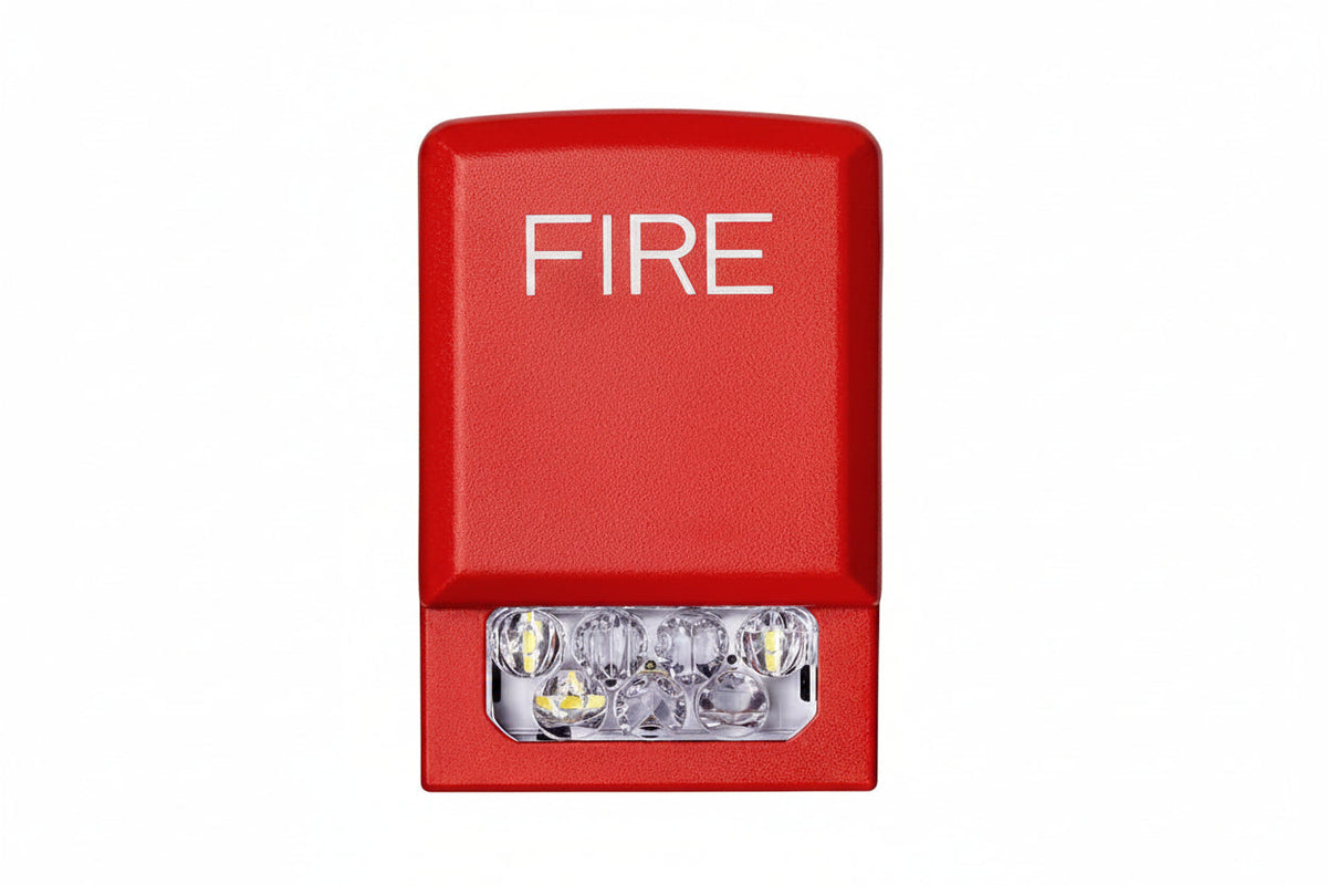 Eaton ELSTR Wheelock Eluxa LED Strobe, Wall, FIRE Lettering, Clear Lens, 24V, 15/30/75/110/135/185 cd, Red