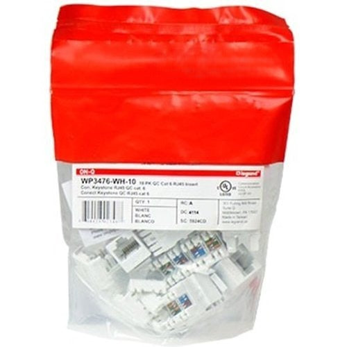WP3476WH10 Cat6 RJ45 Keystone Network Insert, White, 10-Pack